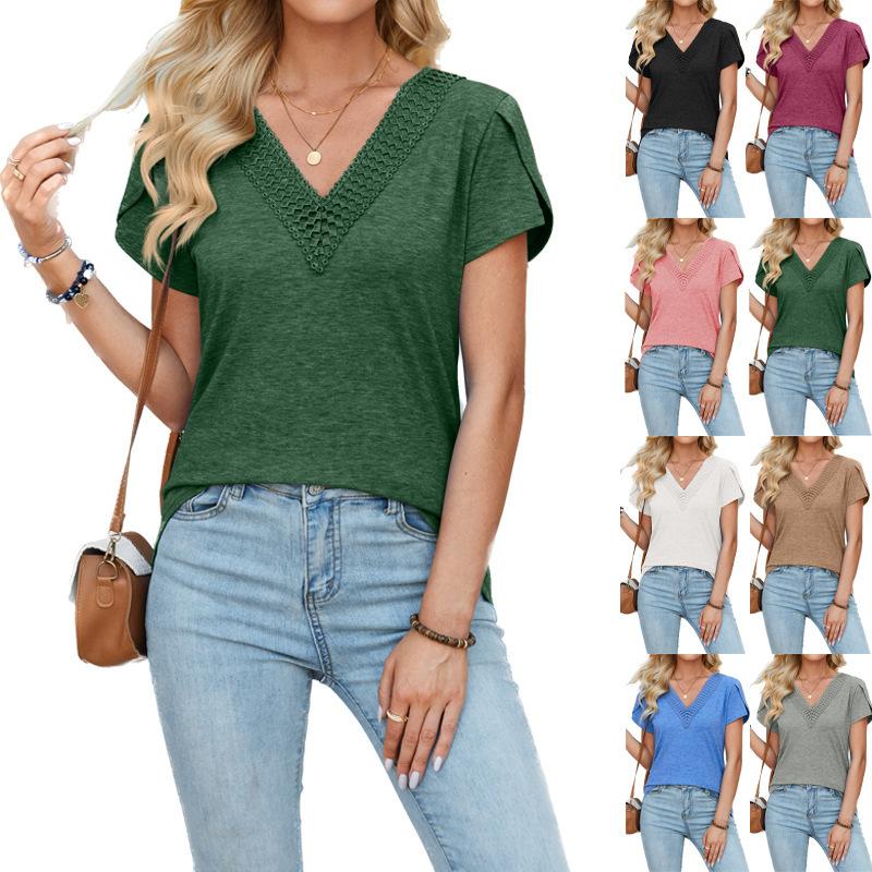 

Women s Summer Blouse Spliced V-neck Petal Sleeve Solid Color Casual T-shirt Multiple Colors Available Soft Comfy Tops Tees S чорний