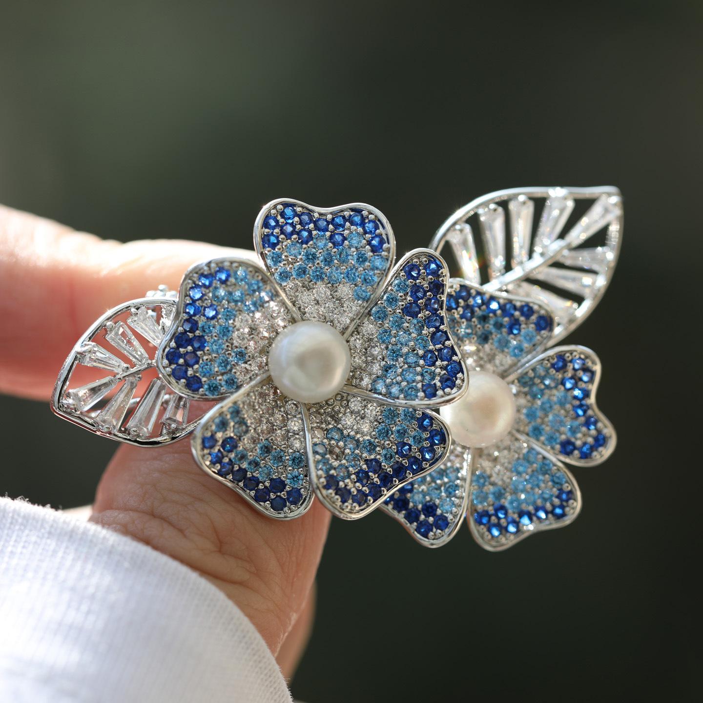 Cross-border Hot-selling Heavy Zircon and Pearl Double Flower Brooch Luxury Clothing Chest Flower