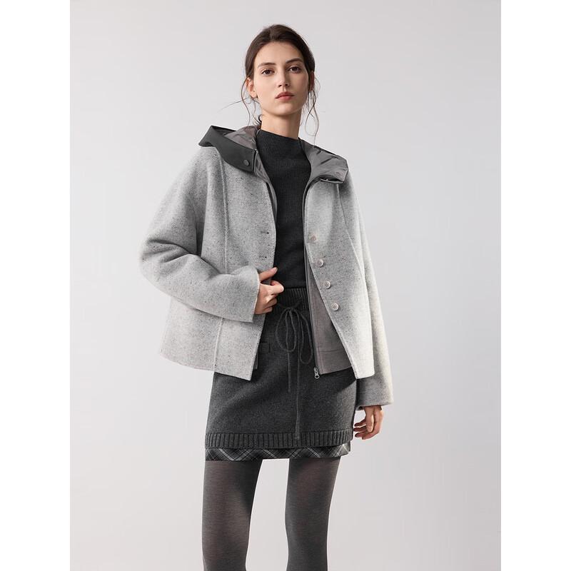 ELLE Women s Hooded Suede Patchwork Wool Blend Short Coat M