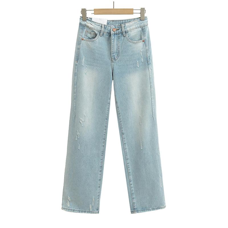 Mode Lässig Damen Voll Längen Locker Sitzende Jeans Gemütlich Mittlere Taille Abgenutzt Baggy Denim Hose Weiter Bein Hinten Aufgerissene Manschette Jean