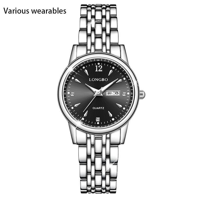 Damklocka med stålarmband, casual quartz-klocka med dubbel kalender