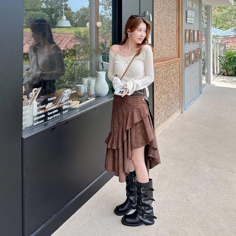 Korean ins~ Amber Soft Leather Wasteland Wind Pile Boots Women's Belt Buckle Height Increasing Skinny Medium Boots Pant Tube Boots