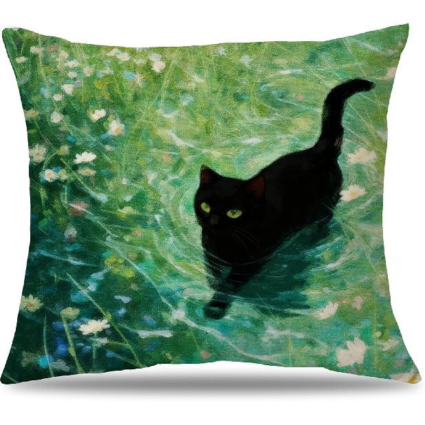 Floral Black Cat Pillow Cover 18x18, Cat Lovers Gifts for Women, Garden Cats Decorative Pillowcase for Home Bedroom Living Room