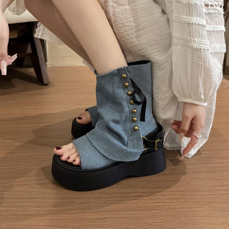 New popular inner cool boots black and blue one-word sandals square-headed open-toed cowboy boots 40 светло-синий 6980₽