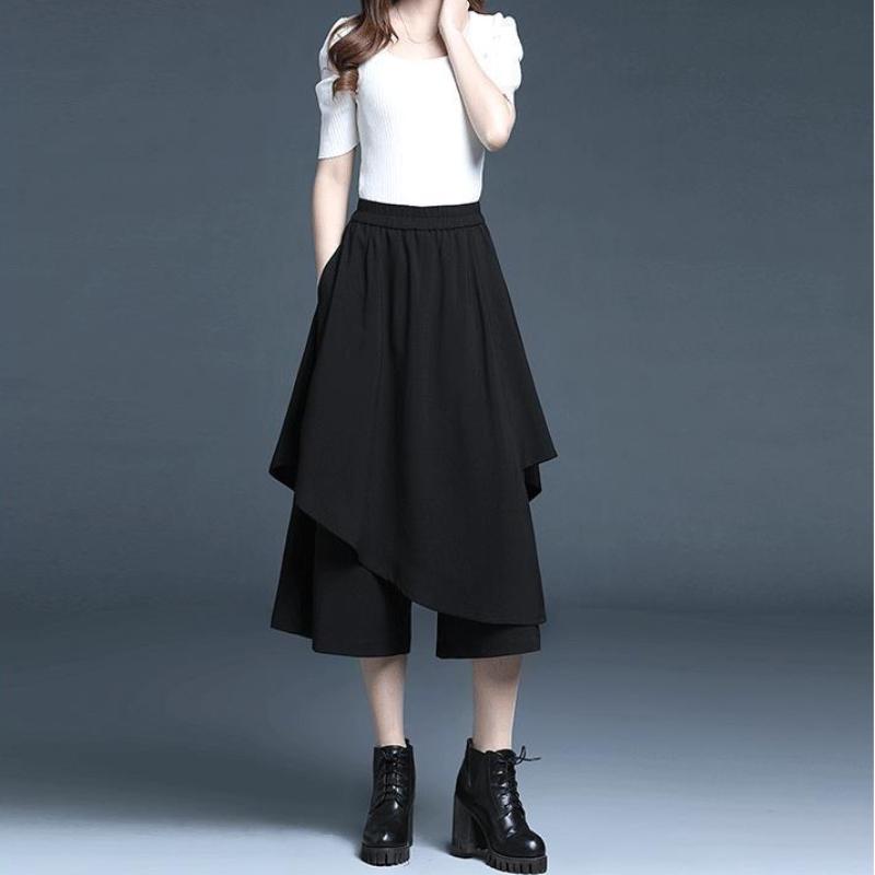 Elastic Waist Chiffon 7/10 Pants in Black - Summer Wide Leg Stylish High-Waist Loose Fit Slimming Casual Trousers for Women