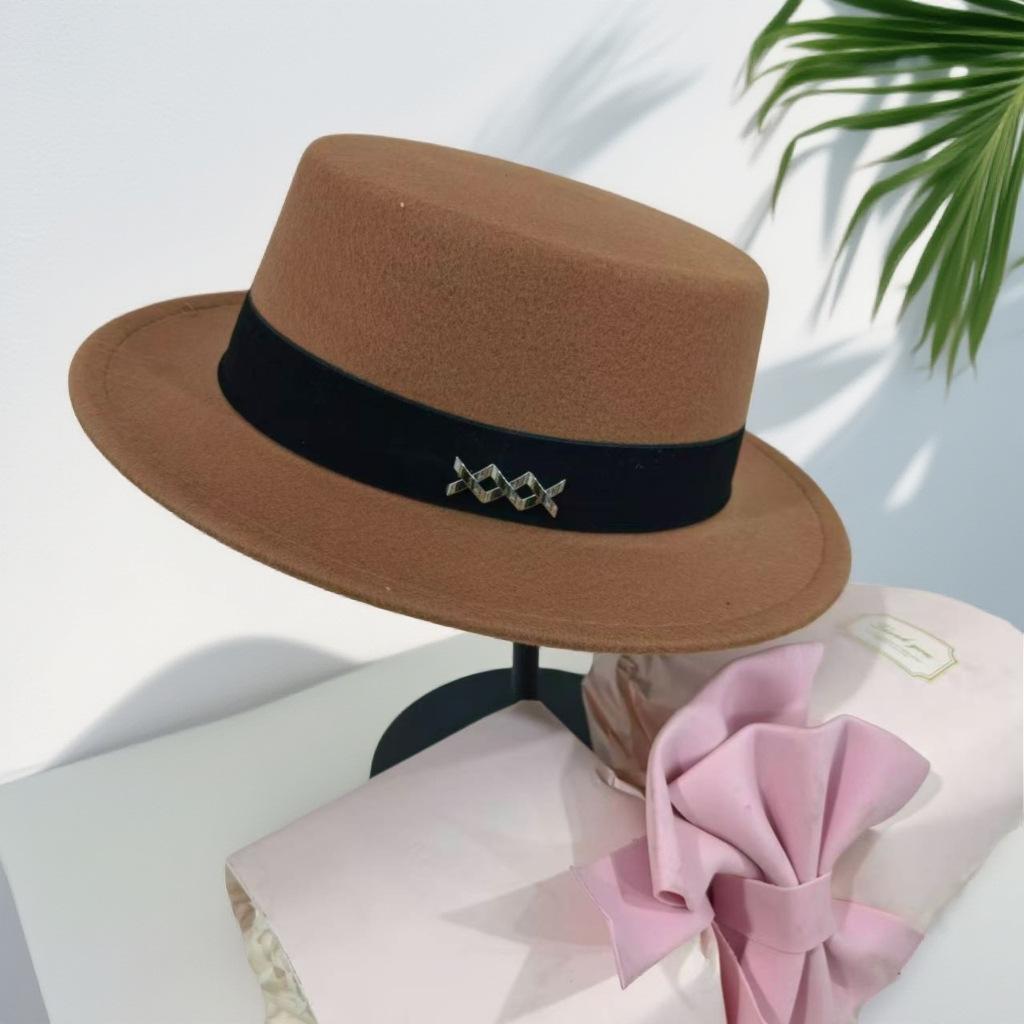 Top Hat Autumn and Winter Flat Hat French Retro Fashion Felt Hat Fashion Versatile Flat Elegant Hat Women's Winter Self-operated