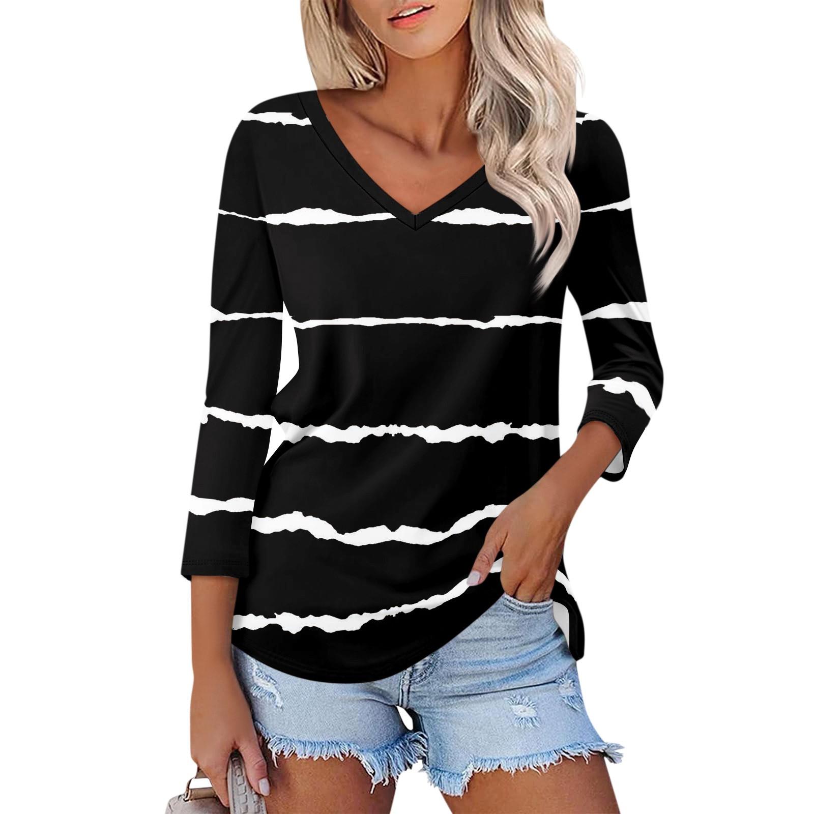 

Рубашка для женщин. Модная повседневная свободная футболка с v-образным вырезом и рукавами 3/4. Женский топ. L чёрный