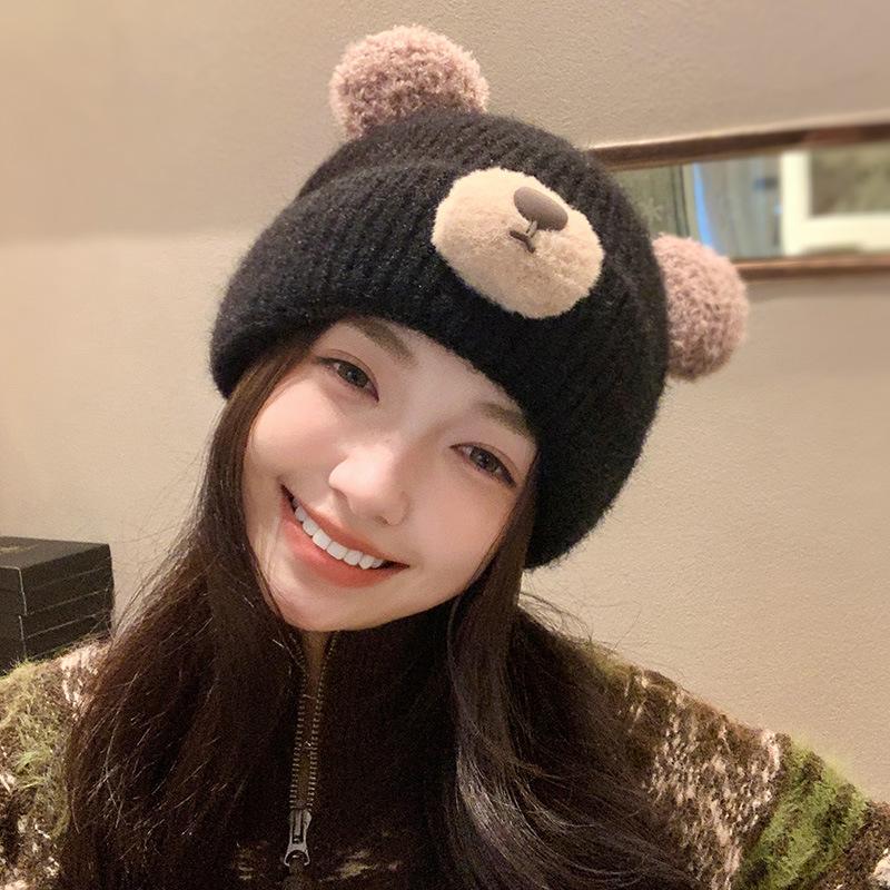 

Cute bear knitted wool hat, children s autumn and winter thickened warm ear protection headgear, big head circumference, small face cold hat average size (54-60cm)