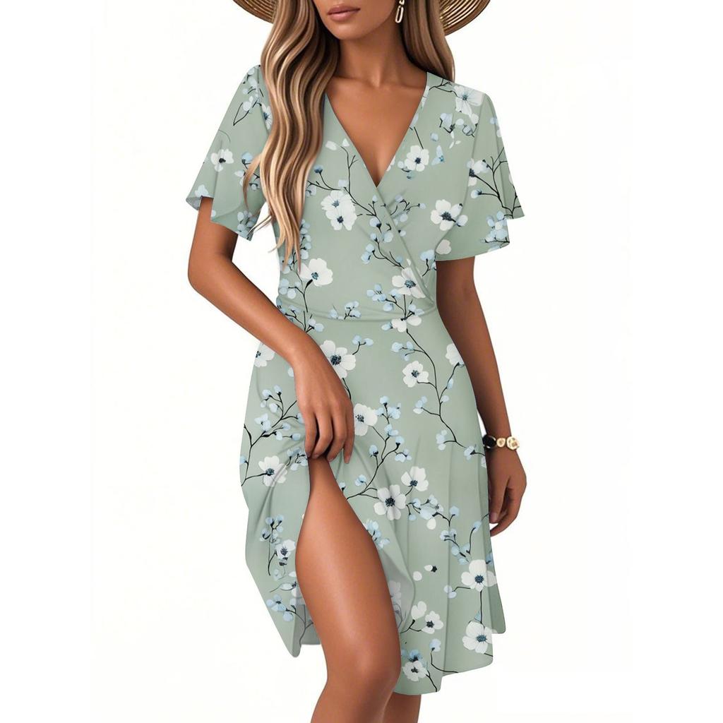 Women's Casual Fashion Dress Vintage Floral Floral Short Sleeve V-neck Dress