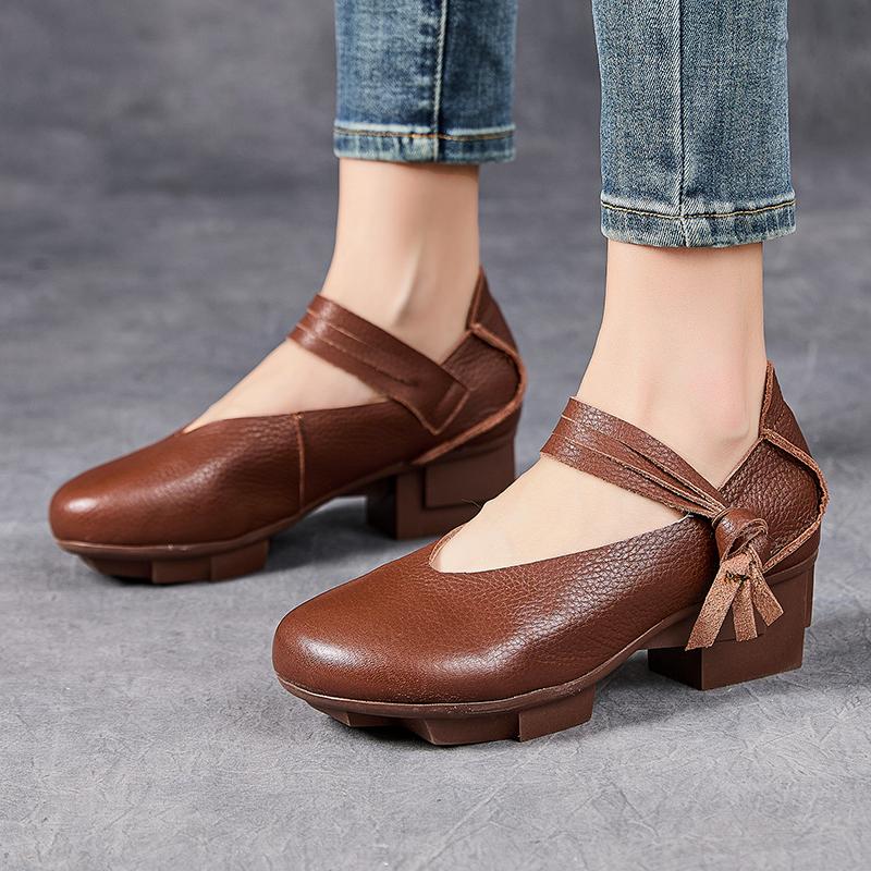 Fashion GKTINOO Retro Thick Heel Women Shoes Hook Loop Mary Jane Loafers Luxury 5 Cm Pumps Genuine Leather Sewn Square Heel Single Shoes