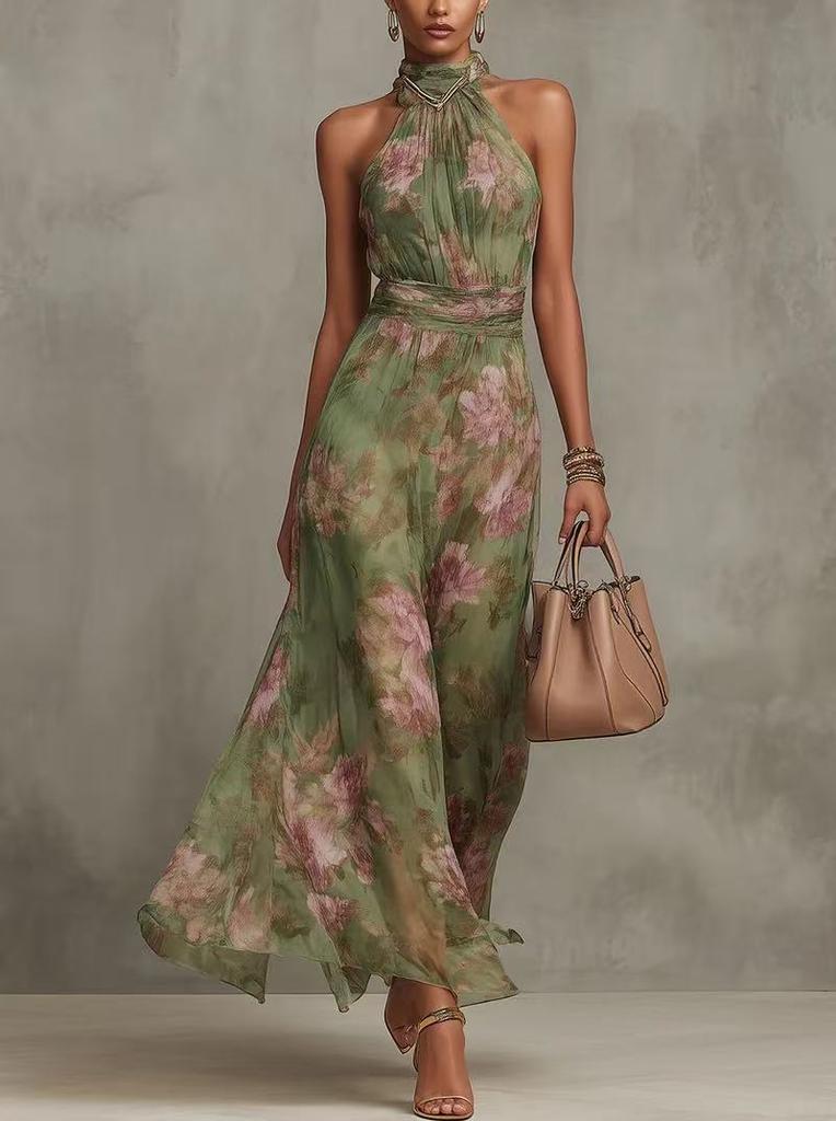 New European and American Style Halter Printed Long Dress, Vacation Style, Waist-cinching Slimming Dress for Women YJ1109