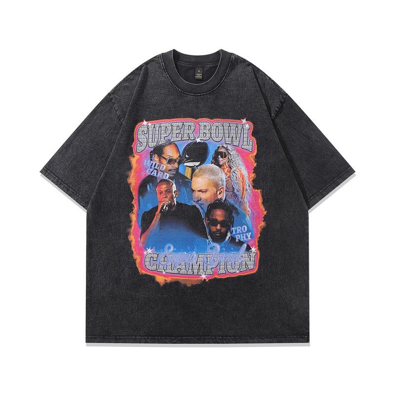 Men'S Clothing American High Street Trendy Brand Vintage T-Shirt Retro Portrait Printing Washed Loose Cotton Short-Sleeved T-Shirt Men