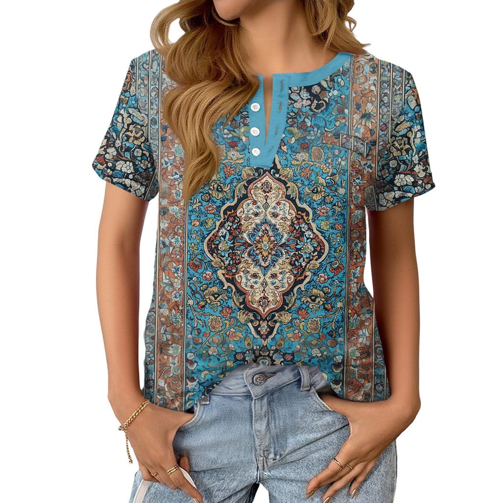 Modieuze Casual Dames Zomer Top met Retro Print, V-hals, Knopen en Korte Mouwen