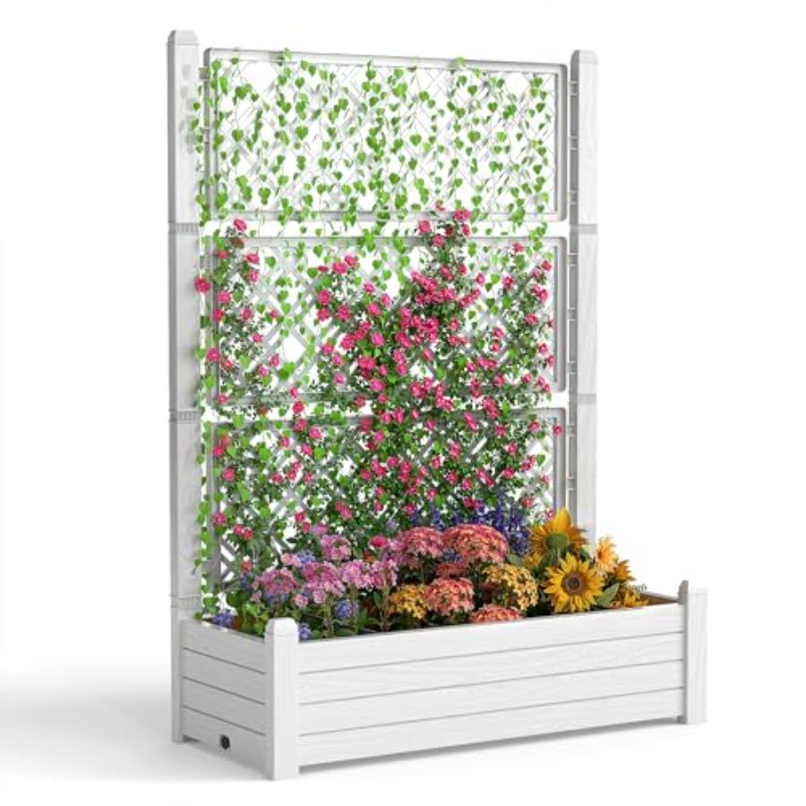 

Raised Garden Bed with Trellis for Climbing Plants Outdoor Herb Planter Box with Drainage Plug Water Gauge Durable Resin in Bro United States