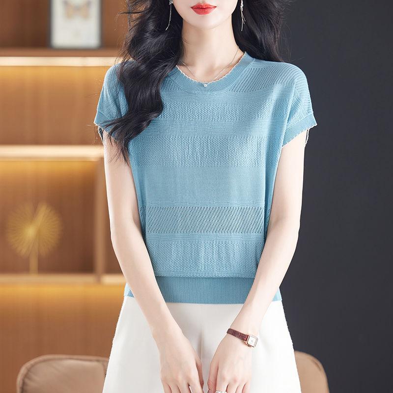 Ice Silk T-shirt for Women Loose and Simple Top Round Neck Knitted T-shirt for Summer