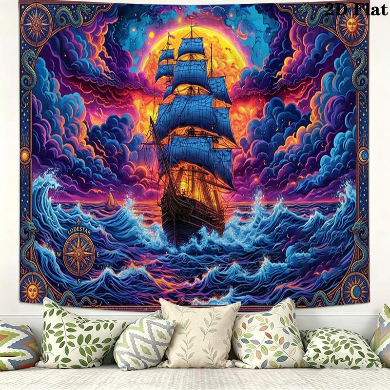Pirate Ship Art Wall Tapestry Aesthetic Wall Hanging Printed Fabric Blanket Decorative Tapestries for Bedroom Living Room Home Decor