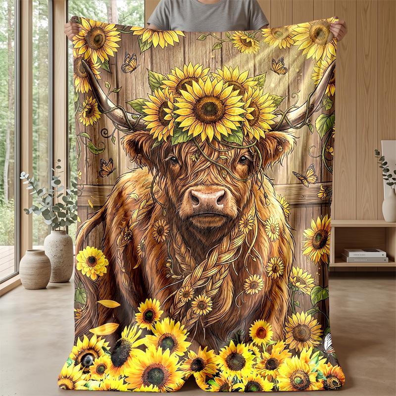 Sunflower Cow Tower Theme Blanket Lightweight Warm Flannel Blanket Decorative Throw Blanket for Home Decoration