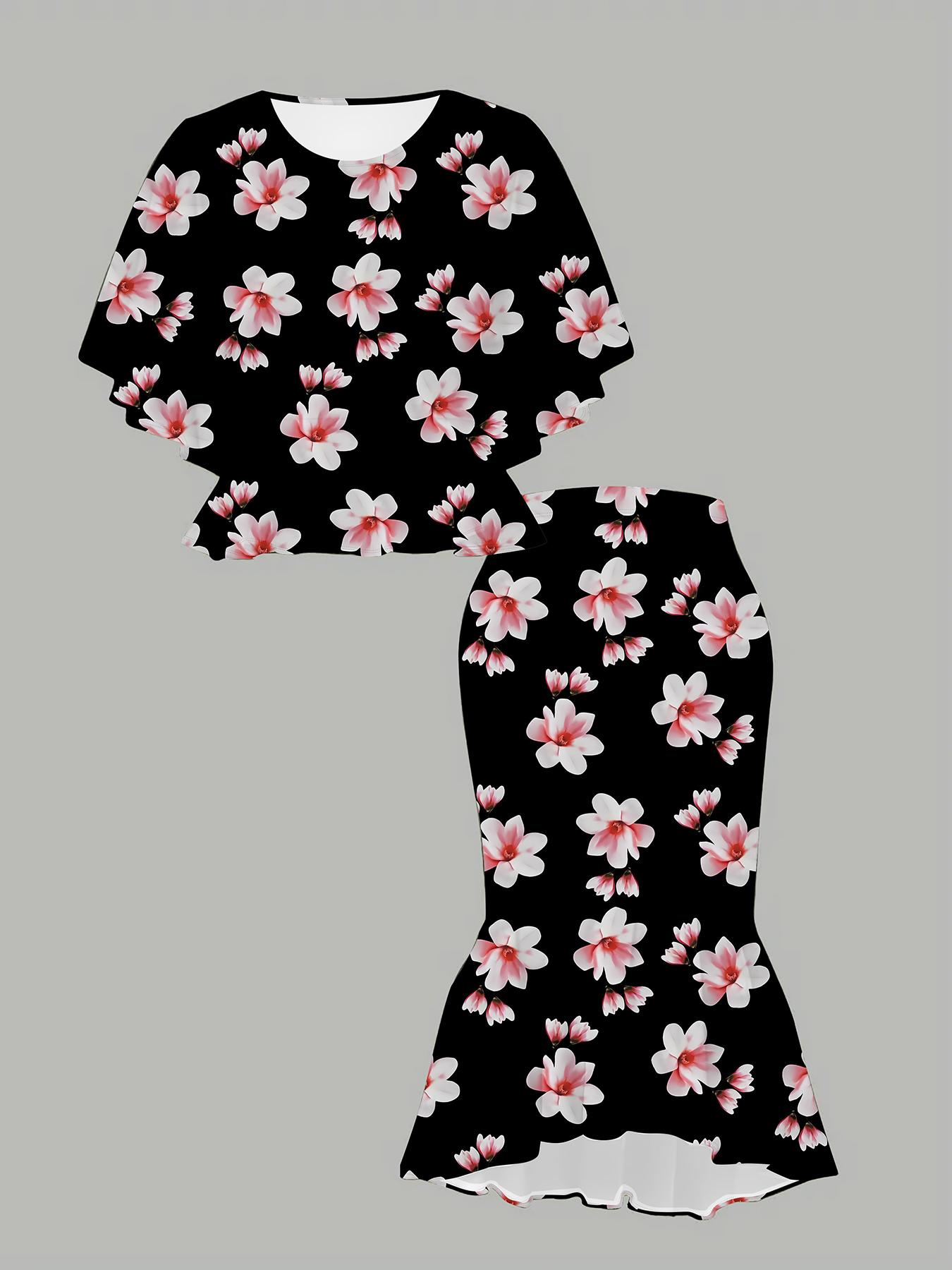 

Классический тотемный женский принт с 3D-цветами, Модный большого размера, Элегантный, Универсальный для всех сезонов. Футболка, Юбка и Комплект 1XL чёрный