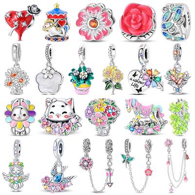 Copper Cute Colorful Flowers Charms Pendant Elegant Romantic Beads Fit Original Bracelet Diy Birthday Jewelry Gift