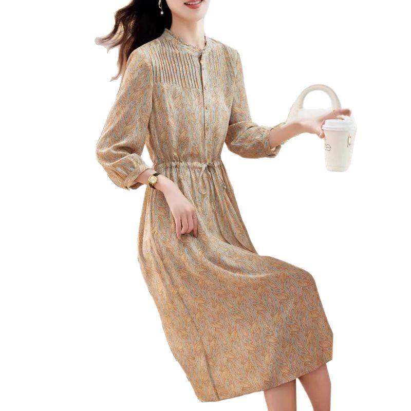 Silk dress fashion print retro seven-quarter sleeve medium and long  mulberry silk dress