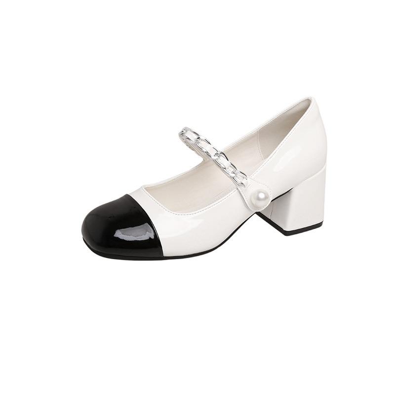 Sheepskin~ Mary Jane women's shoes pearl small leather shoes women's black and white color matching thick heels single shoes high heels