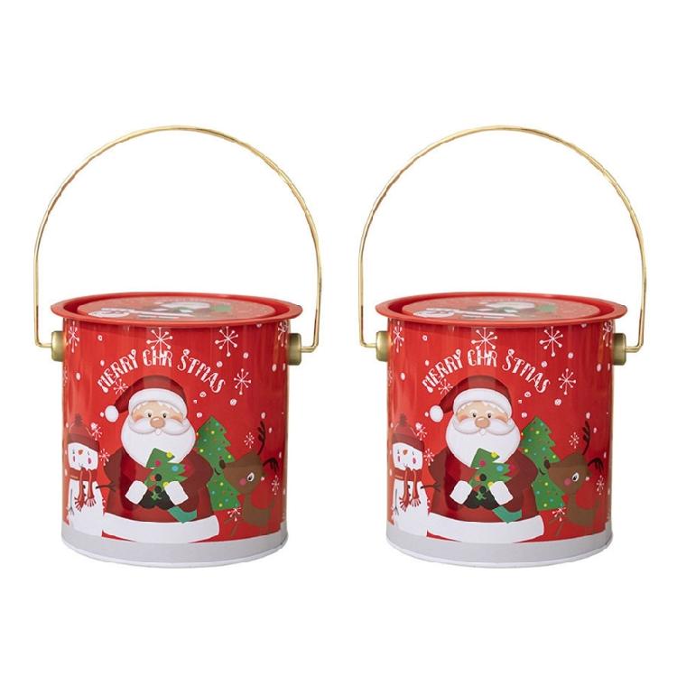2pcs Decorative Christmas Candy Boxes Handheld Round Bucket Portable Sweets Tins with Handle for Family Gathering