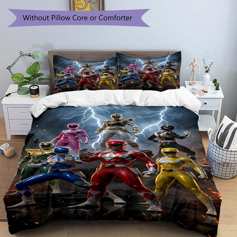 Parure de lit 3 pièces avec housse de couette (1*Housse de couette + 2*Taie d'oreiller, sans noyau),Ensemble de literie imprimé Mighty Morphin Power Rangers, Décor de chambre à coucher, Toutes saisons, Anniversaire