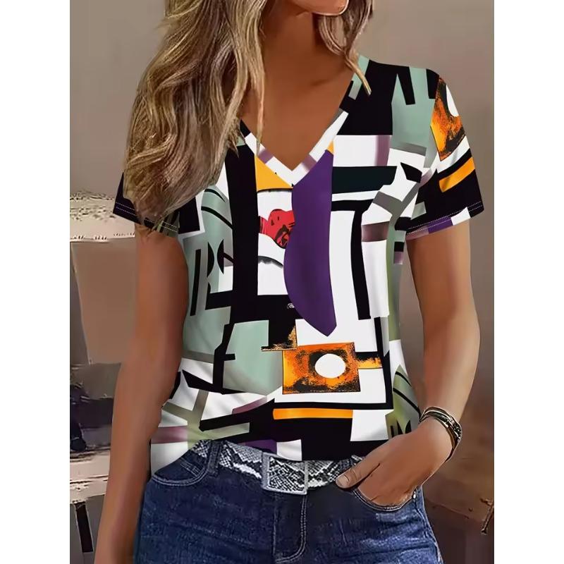 Vintage Summer New Women's 3D Plaid Print T-Shirt V-Neck Short Sleeves Tees Y2k Fashion Female Tops Streetwear Women's Clothing