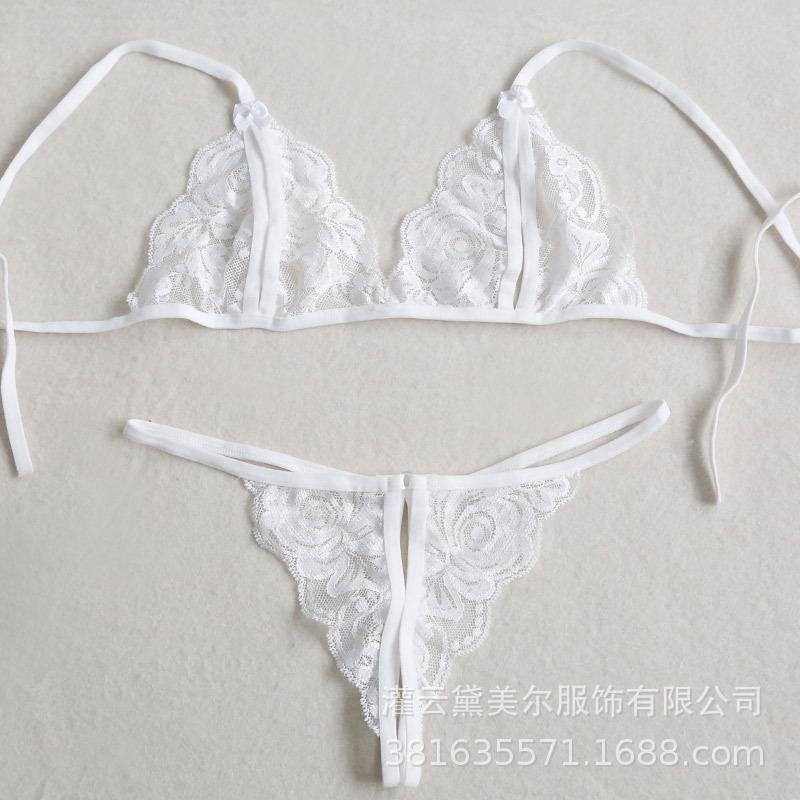 Sexy three-point female seduction lace bra open-file erotic underwear, transparent lace-up plus-size thong set