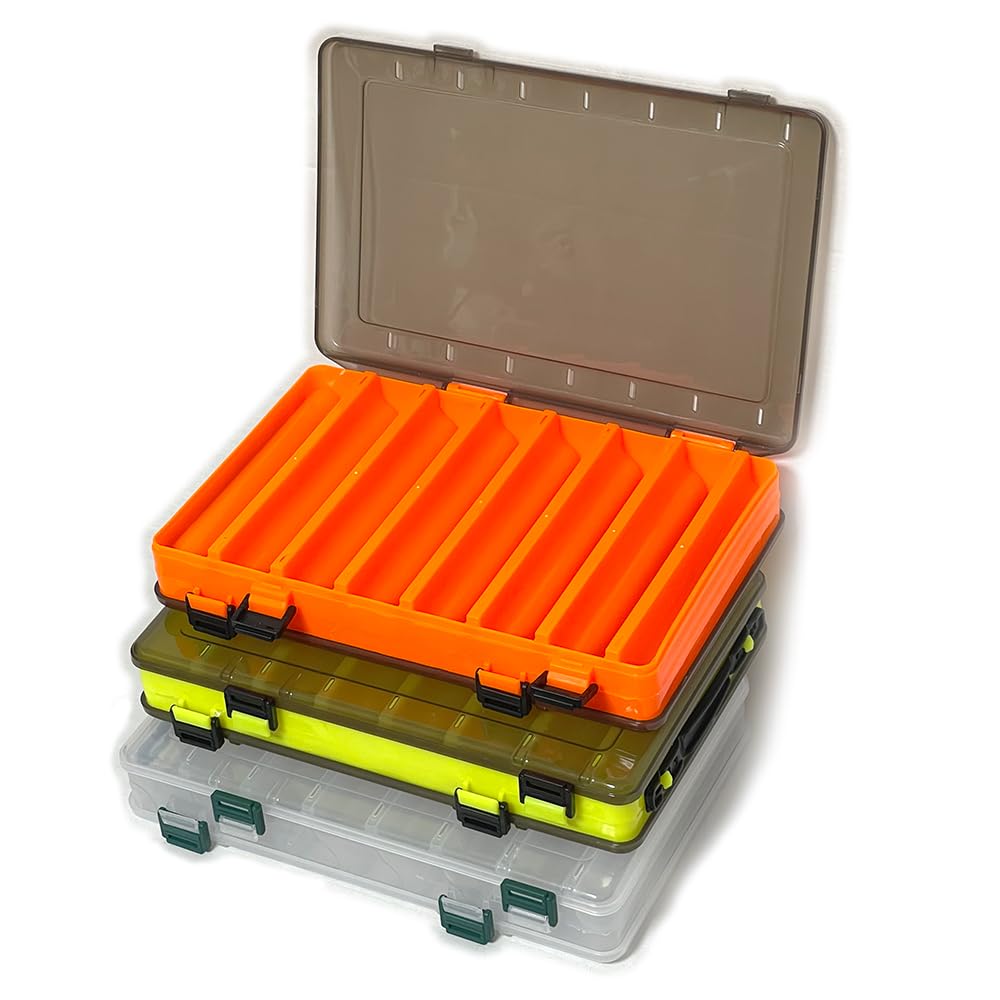 

Set of 3 Fishing Tackle Boxes, Reversible, Opens on Both Sides, Fits Minnows, Squid Lures, and Jigs, Orange/Yellow/Clear