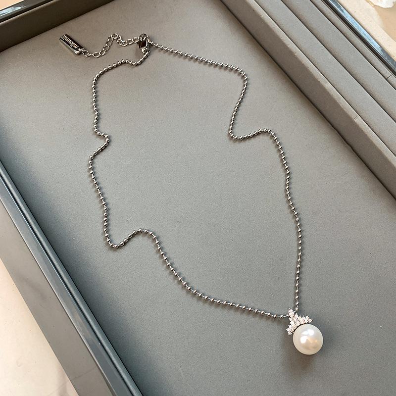 Shijiaao White Pearl Earrings & Snow Queen Crown Necklace Set - Luxury High-End Clavicle Jewelry for Women