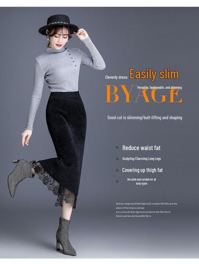 2022 Winter Faux Mink Velvet Midi Skirt with Split and Lace Detail