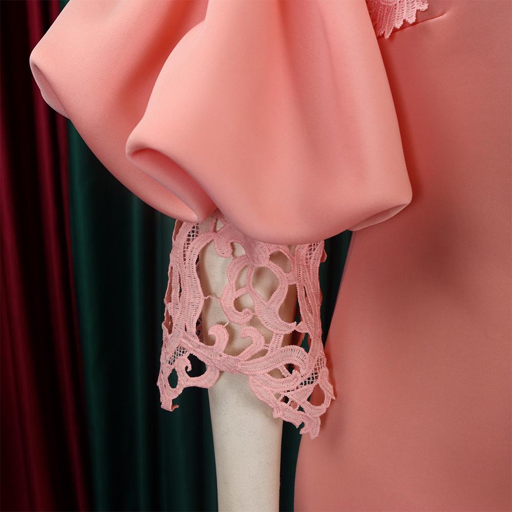 Women's One-Shoulder Lace Banquet Dress with Lantern Sleeves