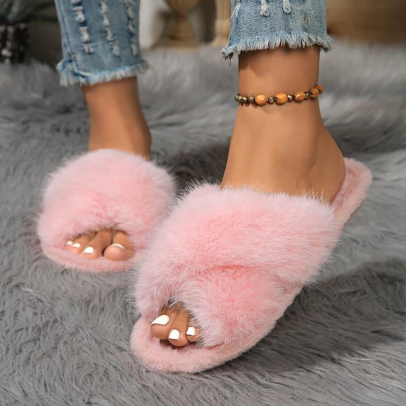 2024 New Winter High Quality Women's Shoes Fashionable Solid Color Open Toe Low Heel Home Suede Comfortable Women's Slippers