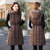 Winter New Mid-length Waist-cinched Warm Hooded Cotton Vest, Fashion Versatile Casual Sleeveless Cotton Waistcoat