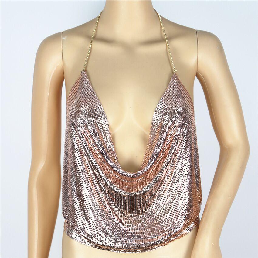 Modischer weiblicher Nachtclub, tief ausgeschnitten, rückenfrei, Metall-Pailletten, Haltekette, Riemen, tiefer V-Ausschnitt, freiliegender Nabel