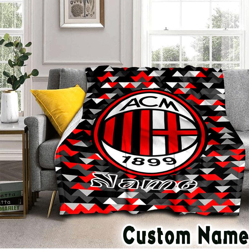 Custom Name AC-Milan Emblem Throws Blanket Flannel Blankets for Couch Bed Gifts for Men Women Picnic Blanket Christmas Fan Gifts
