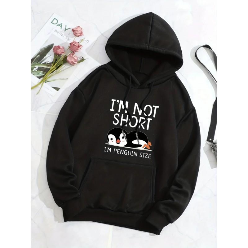 Cute Penguin Print Hoodie Loose Fit Long Sleeve Pullover Sweatshirt Men Casual Wear