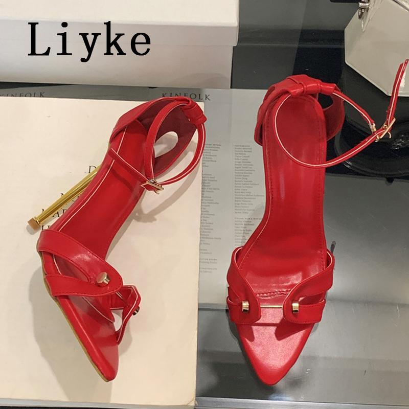 

Fashion Liyke Sexy Metal Decoration Narrow Band Pointed Toe Red High Heels Sandals Women Party Dress Shoes Ankle Strap Sandalias Mujer 39 красный