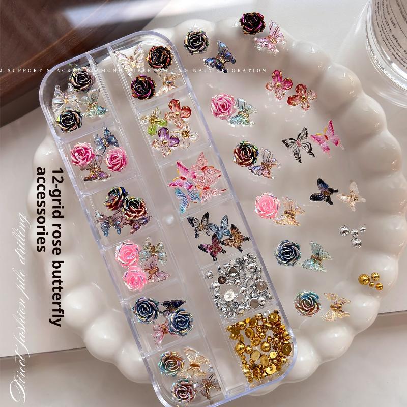 

12 Grids Luxury Rose Butterfly Nail Charms Colorful Mixed Iridescent Butterfly Stud Combination For Handmade Nail Diy Creation ONESIZE