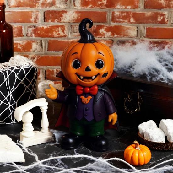 Halloween Pumpkin Kid Figurine Mini Resin Demon Pumpkin Statue Spooky Tabletop Ornament for Outdoor Indoor Home Garden Decoration