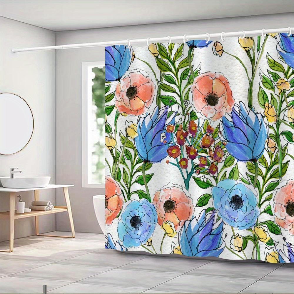 Blue & Peach Watercolor Floral Shower Curtain – Vibrant Poppies & Tulips, Botanical Garden Design, 12 Hooks, 70.87×70.87 Inch
