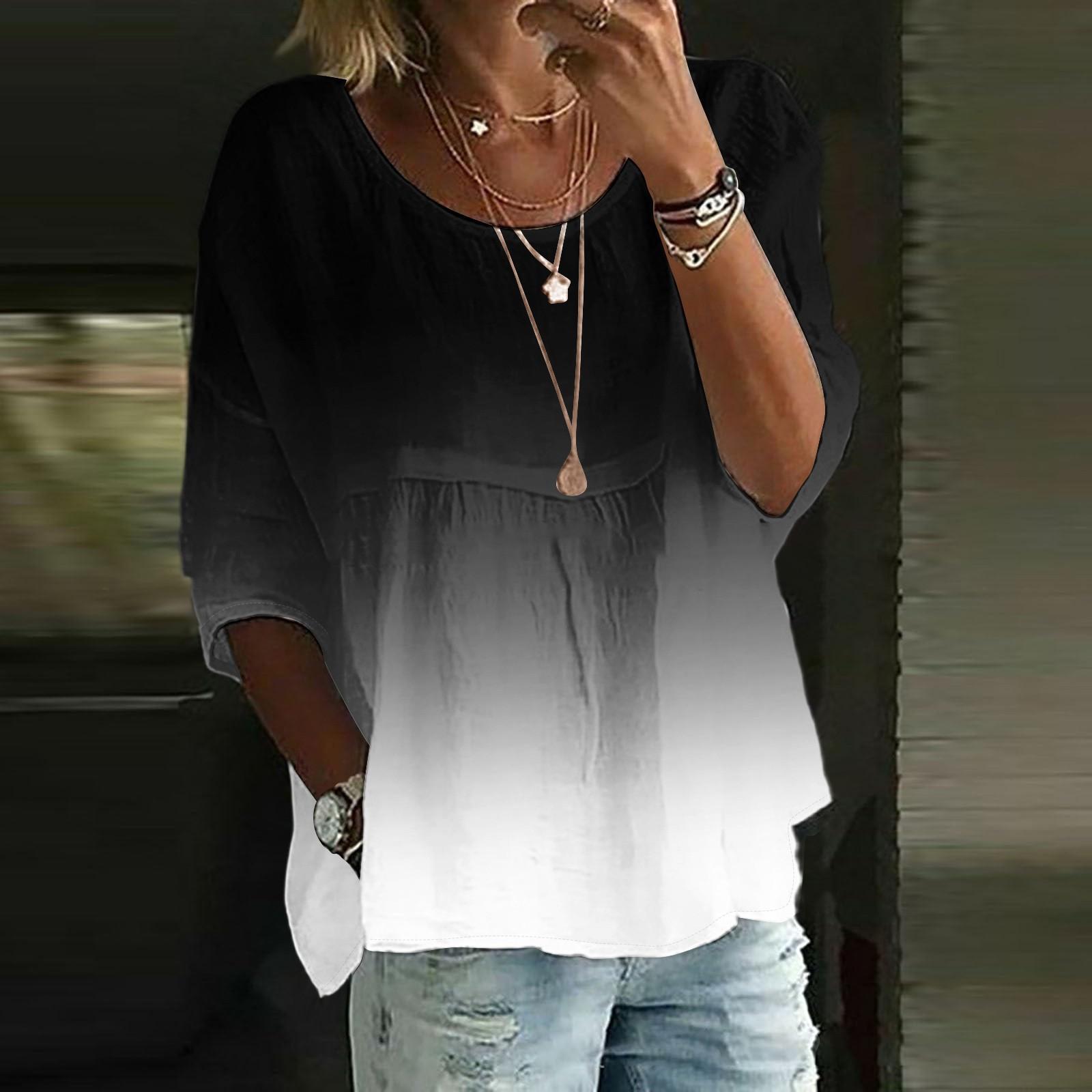 

Linen Shirts For Women 3/4 Sleeve Button Down O Neck Summer Tops Dressy Casual Cute Shirts L чорний