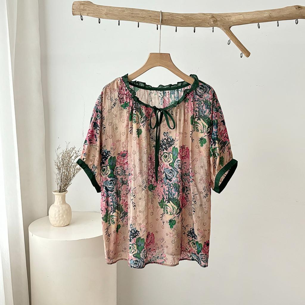 DIMANAF 2025 New Summer Women Linen T-Shirt Flower Short Sleeve Basic Fashion O-Neck Tops Tees Loose Tees