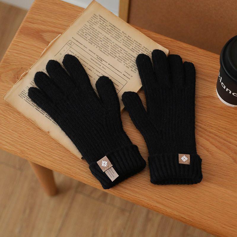 

Pure Color Thickened Men s and Women s Knitting Wool Finger Gloves Black One size