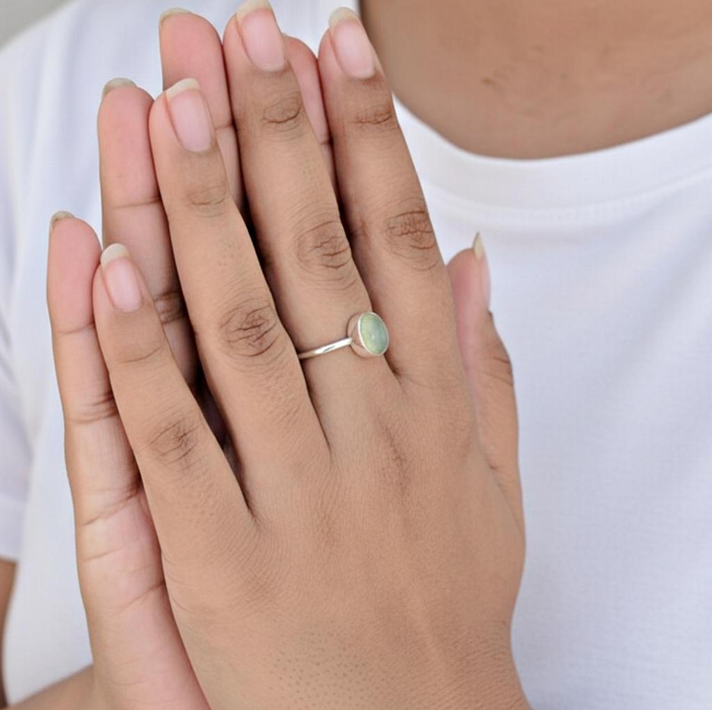 Minimalist Prehnite Statement Ring for Women, 925 Sterling Silver, Handcrafted Gemstone Jewelry
