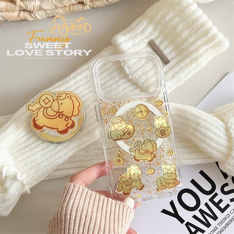 Gold Foil Wealthy Horse Magnetic Bracket for iPhone 17/16 Pro Max/15/14 Case iPhone 17 Pro