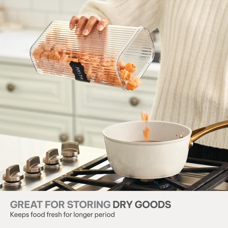 8 Piece Pantry Storage Container Set with Snap Lock Lids Clear Ribbed Design Food Organizer Includes Labels Perfect Dry Goods