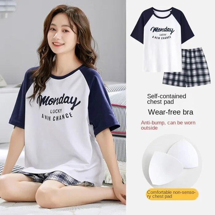 Trendy Loose-Fit Sommer-Pyjama-Set aus Baumwolle mit Brustpolster, dünne Kurzarmshorts für Damen, geeignet zum Tragen im Freien zu Hause in der Lounge