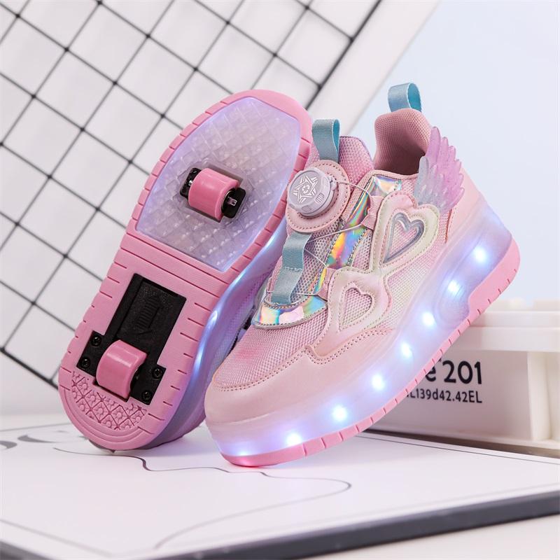 Kid's Lights Sports Shoes Rubbing Shoes Solid Magic Patch Can Charging Double-row Four-wheel Slide Shoes